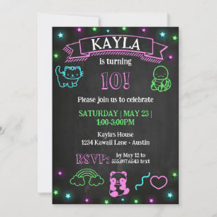 Kawaii Birthday Chalkboard Neon Party Invitation