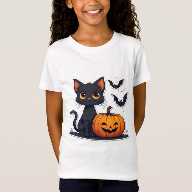 Kawaii Black Cat And Pumpkin Stack Halloween 🎃 T-Shirt (Front)