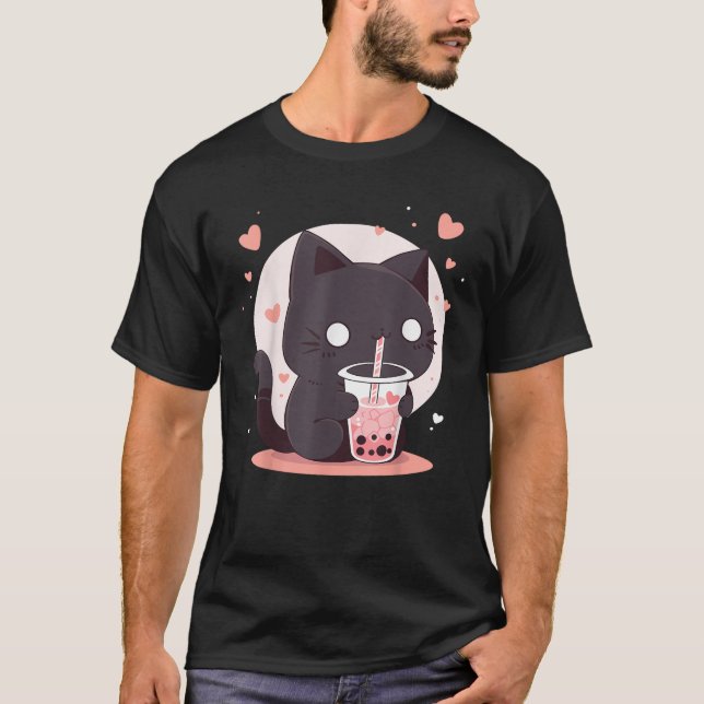 Kawaii Black Cat Boba Cute Japan Anime Bubble Tea  T-Shirt (Front)