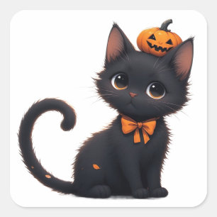 Kawaii Black Cat Halloween 🎃 Square Sticker