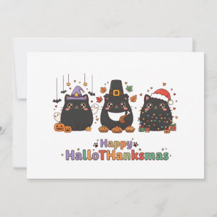 Kawaii Black Cat Happy HalloTHanksmas Unique  Holiday Card