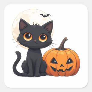 Kawaii Black Cat Magic Halloween Theme 🎃 Square Sticker