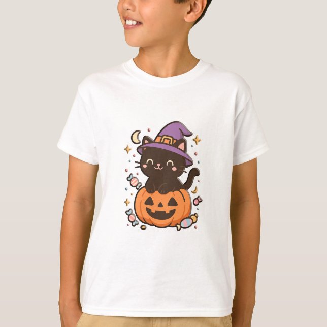Kawaii Black Cat on Pumpkin – Cute Halloween T-Shi T-Shirt (Front)