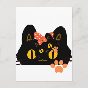 Kawaii Black Cat Peekaboo Art with Bow Postcard