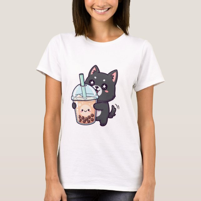 Kawaii Black Cat Sipping Boba Tea - Cute Anime Nek T-Shirt (Front)