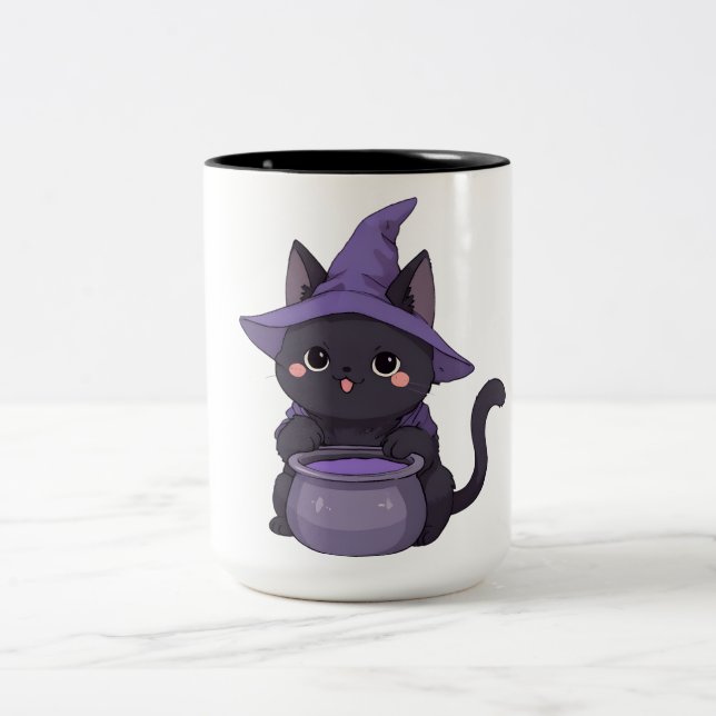 Kawaii Black Cat Witch Halloween Cauldron Two-Tone Coffee Mug (Center)