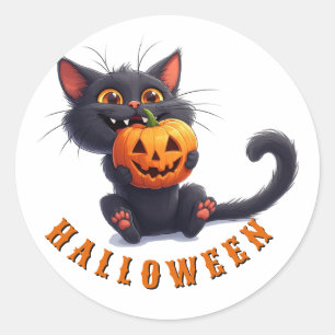 Kawaii Black Cat With Pumpkin Tower Halloween 🎃 Classic Round Sticker