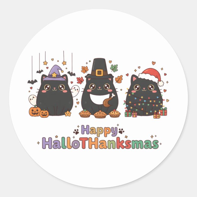 Kawaii Black Cats Happy HalloThanksmas  Classic Round Sticker (Front)