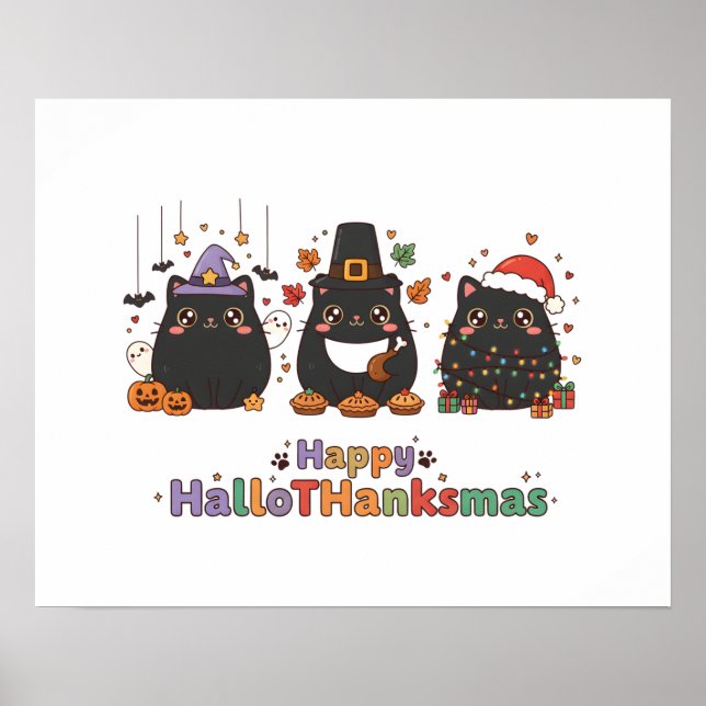 Kawaii Black Cats Happy HalloThanksmas  Poster (Front)