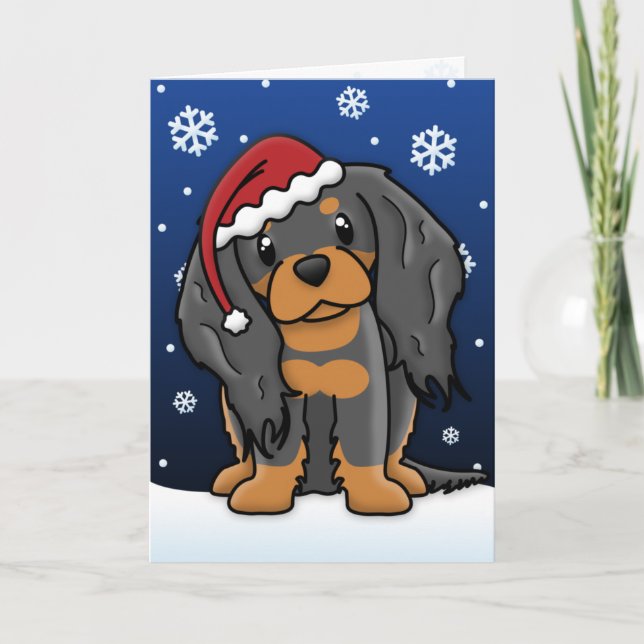 Kawaii Black & Tan Cavalier Spaniel Christmas Card (Front)