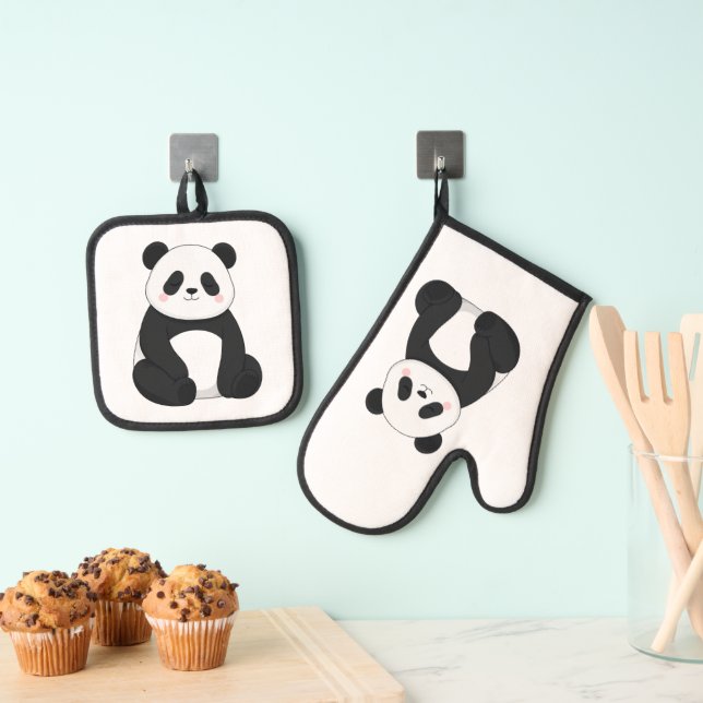Kawaii Black & White Panda Oven Mitt & Pot Holder Set (Insitu(Hanging))