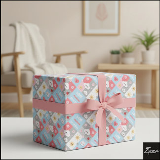 Kawaii Blossom Bunny Grid Pattern Frame Wrapping Paper