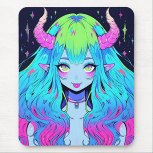 Kawaii Blue, Pink, and Green Anime Girl Demon Mouse Mat