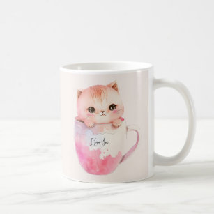 Kawaii Blushing Pink Chibi Cat Coffee Mug