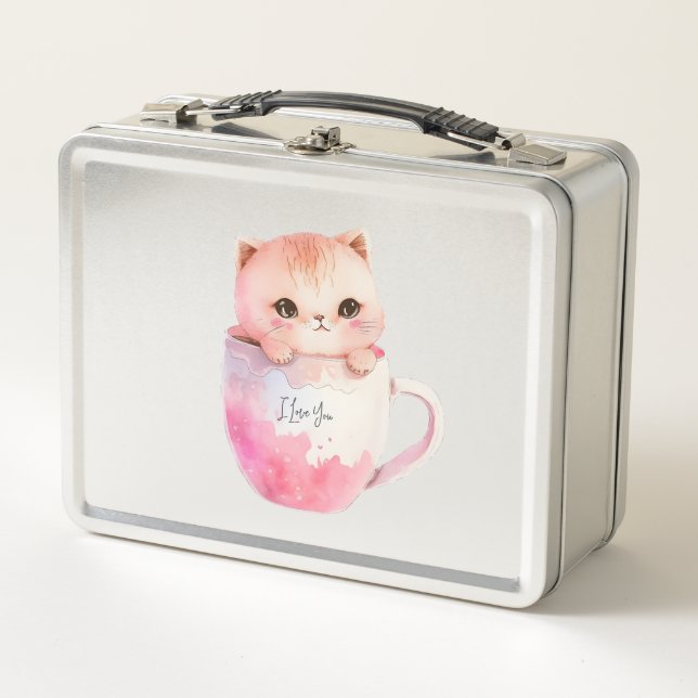 Kawaii Blushing Pink Chibi Cat Metal Lunch Box (Front)