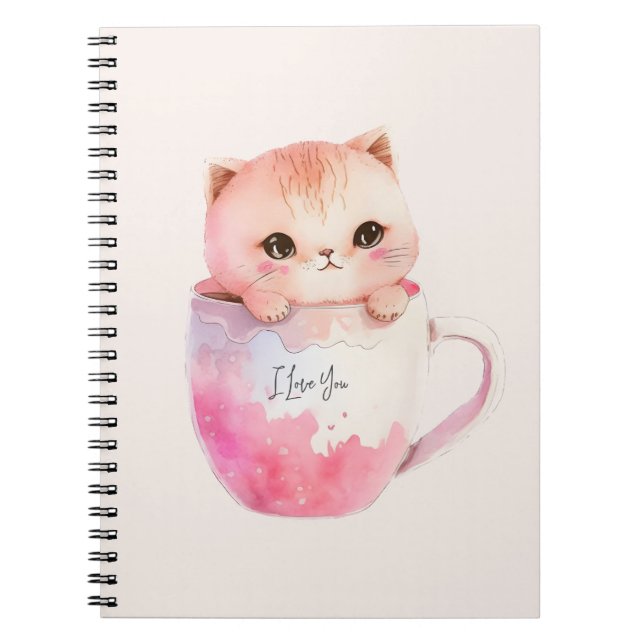 Kawaii Blushing Pink Chibi Cat Notebook (Front)