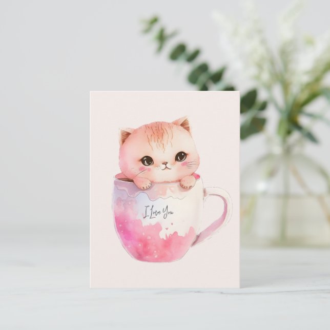 Kawaii Blushing Pink Chibi Cat Postcard (Standing Front)