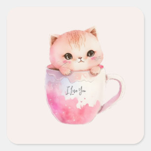 Kawaii Blushing Pink Chibi Cat Square Sticker
