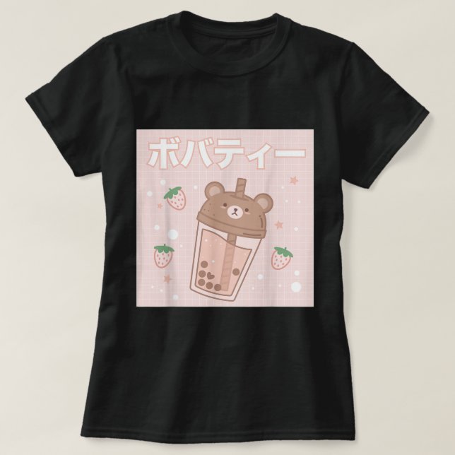 Kawaii Boba Bear | Cute Strawberry Milk Tea T-Shirt (Design Front)