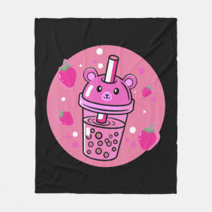 Kawaii Boba Cup Strawberry Anime Bubble Tea Cute  Fleece Blanket