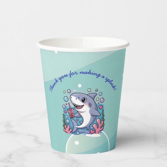 Kawaii Boba Shark Under The Sea Baby Shower Paper Cups (Left)