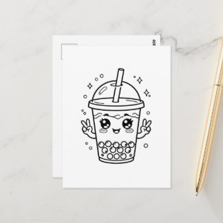 Kawaii boba tea colouring postcard