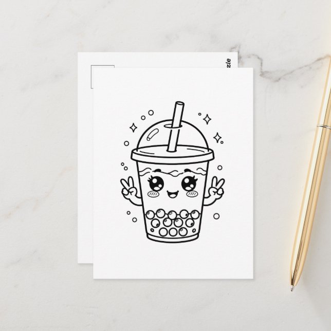Kawaii boba tea colouring postcard (Front/Back In Situ)