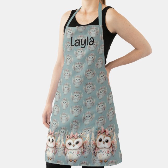Kawaii Boho Owl Illustration Blue Apron (Insitu)