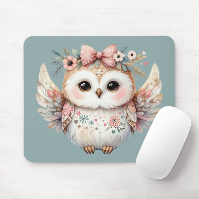 Kawaii Boho Owl Illustration Blue Mouse Mat (With Mouse)