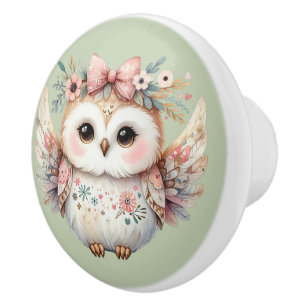 Kawaii Boho Owl Illustration Ceramic Knob
