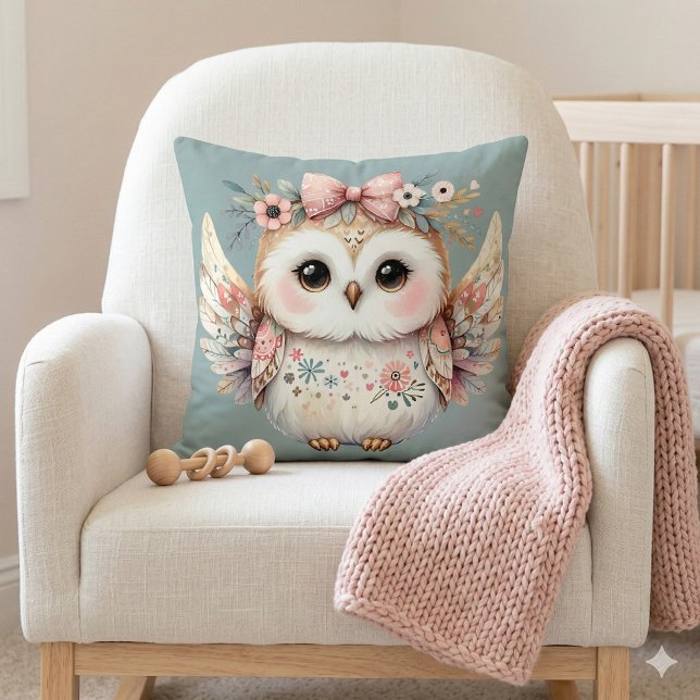 Kawaii Boho Owl Illustration Cushion (Kawaii Boho Owl Illustration Blue Throw Pillow Mockup A)