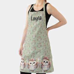 Kawaii Boho Owl Illustration Green Apron