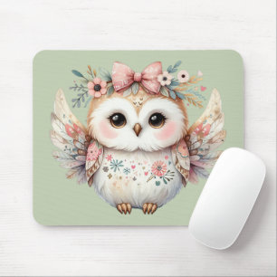 Kawaii Boho Owl Illustration Green Mouse Mat