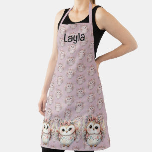 Kawaii Boho Owl Illustration Lavender Apron