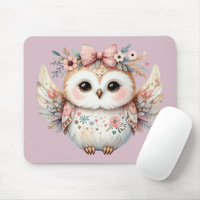 Kawaii Boho Owl Illustration Lavender Mouse Mat (With Mouse)