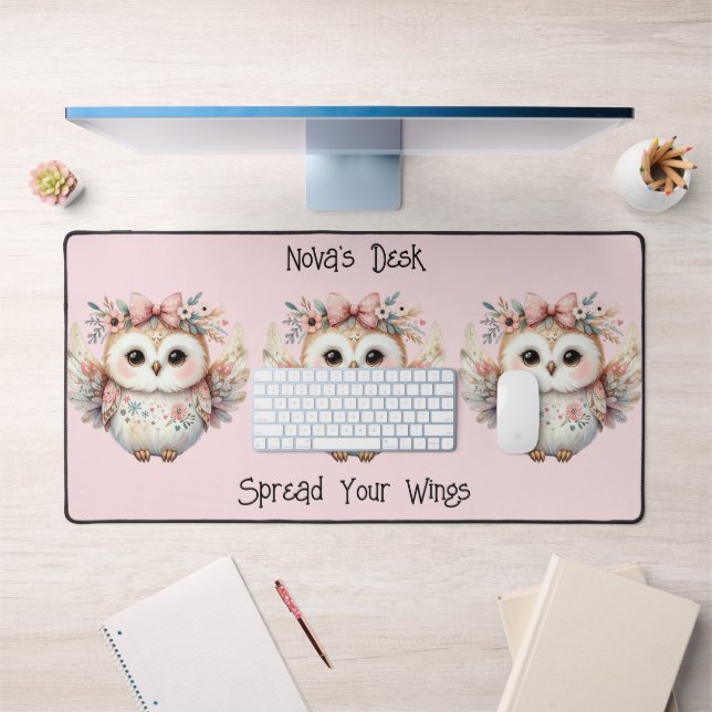 Kawaii Boho Owl Illustration Pink Desk Mat (Office 1)