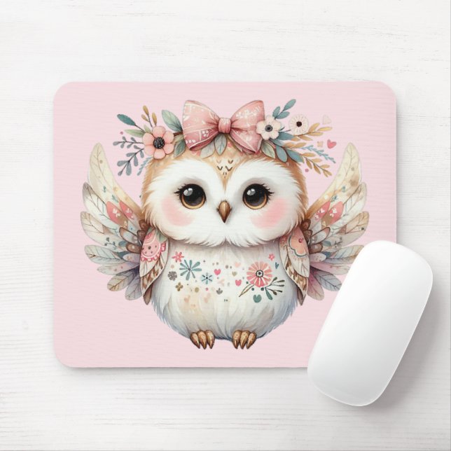 Kawaii Boho Owl Illustration Pink Mouse Mat (With Mouse)
