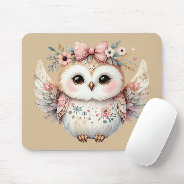Kawaii Boho Owl Illustration Taupe Mouse Mat (With Mouse)