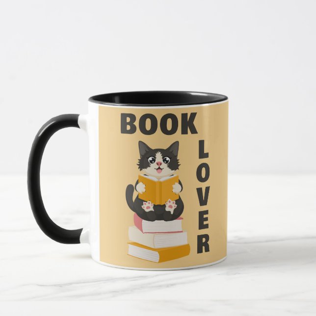 Kawaii Book Lover Back to School Cartoon Cat Reads Mug (Left)