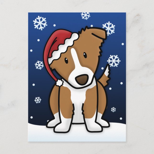 Kawaii Border Collie Christmas Postcard (Brown) (Front)