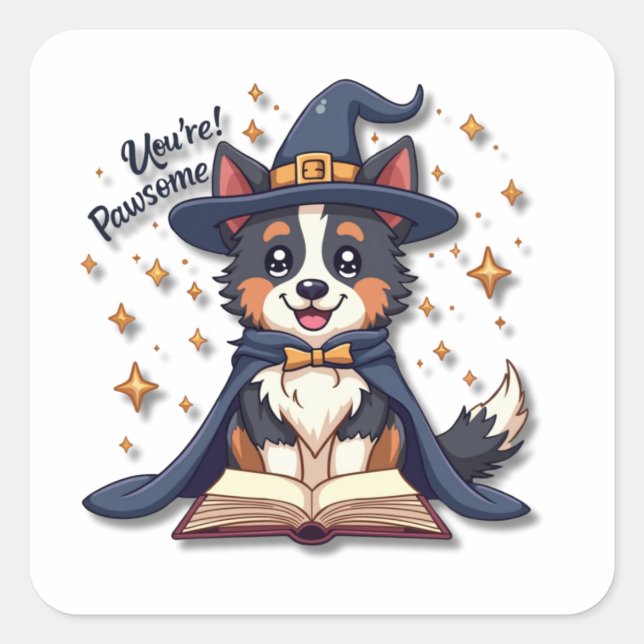 Kawaii Border Collie Wizard Square Sticker (Front)