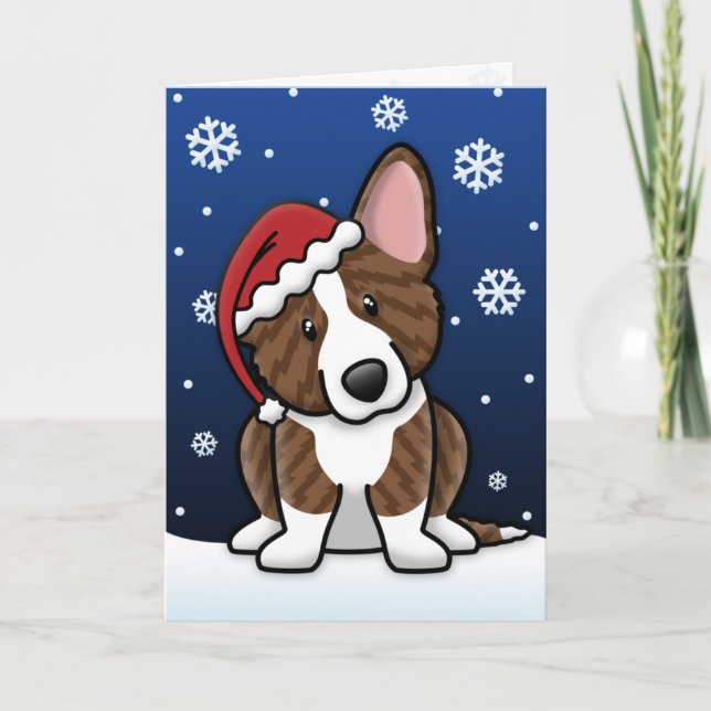Kawaii Brindle Cardigan Welsh Corgi Christmas Card (Front)