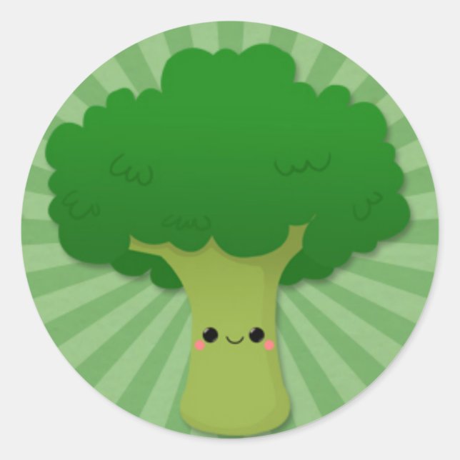 Kawaii Broccoli on Green Starburst Classic Round Sticker (Front)