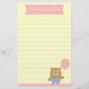 Kawaii brown bear holding a pink balloon stationery