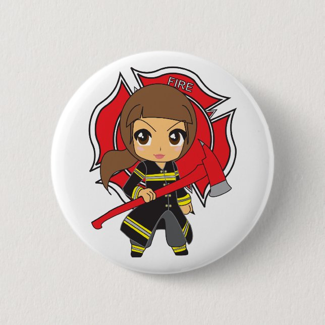 Kawaii Brunette Firefighter Girl - 6 Cm Round Badge (Front)