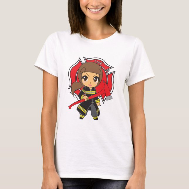 Kawaii Brunette Firefighter Girl - Customisable T-Shirt (Front)
