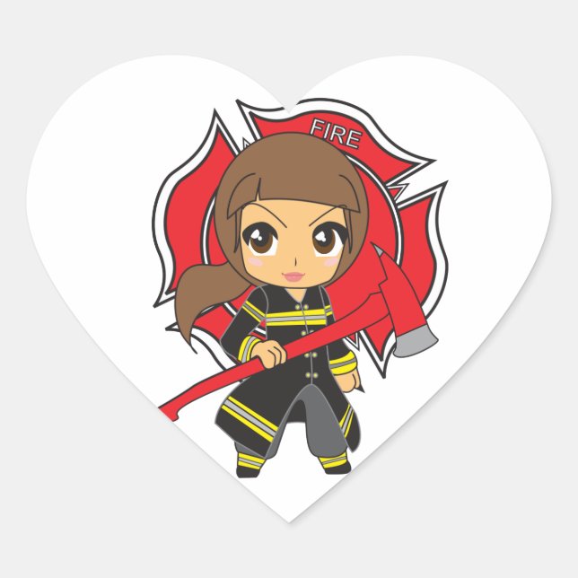 Kawaii Brunette Firefighter Girl - Heart Sticker (Front)