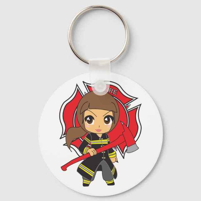 Kawaii Brunette Firefighter Girl Key Ring (Front)