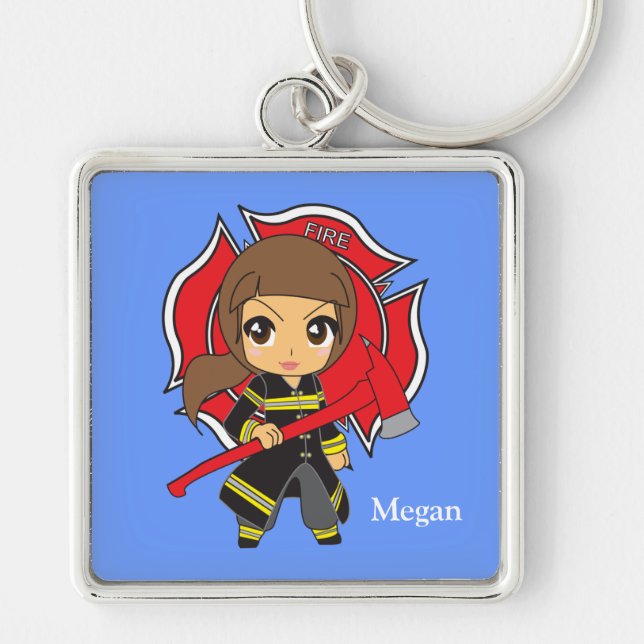 Kawaii Brunette Firefighter Girl Key Ring (Front)