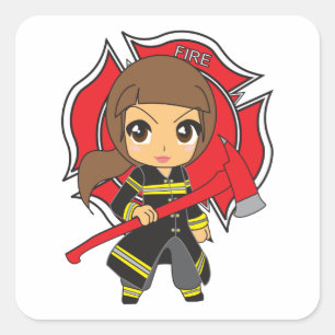 Kawaii Brunette Firefighter Girl - Square Sticker